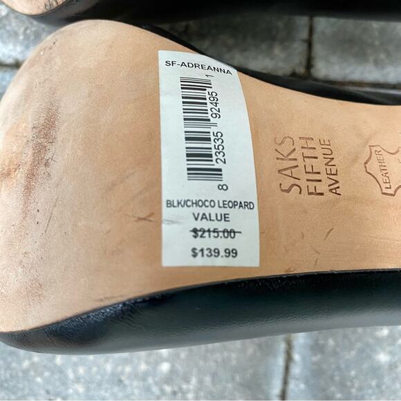 Saks Fifth Avenue Adriana Black and Leopard Print Leather High Peep Toe Heels - Picture 10 of 10